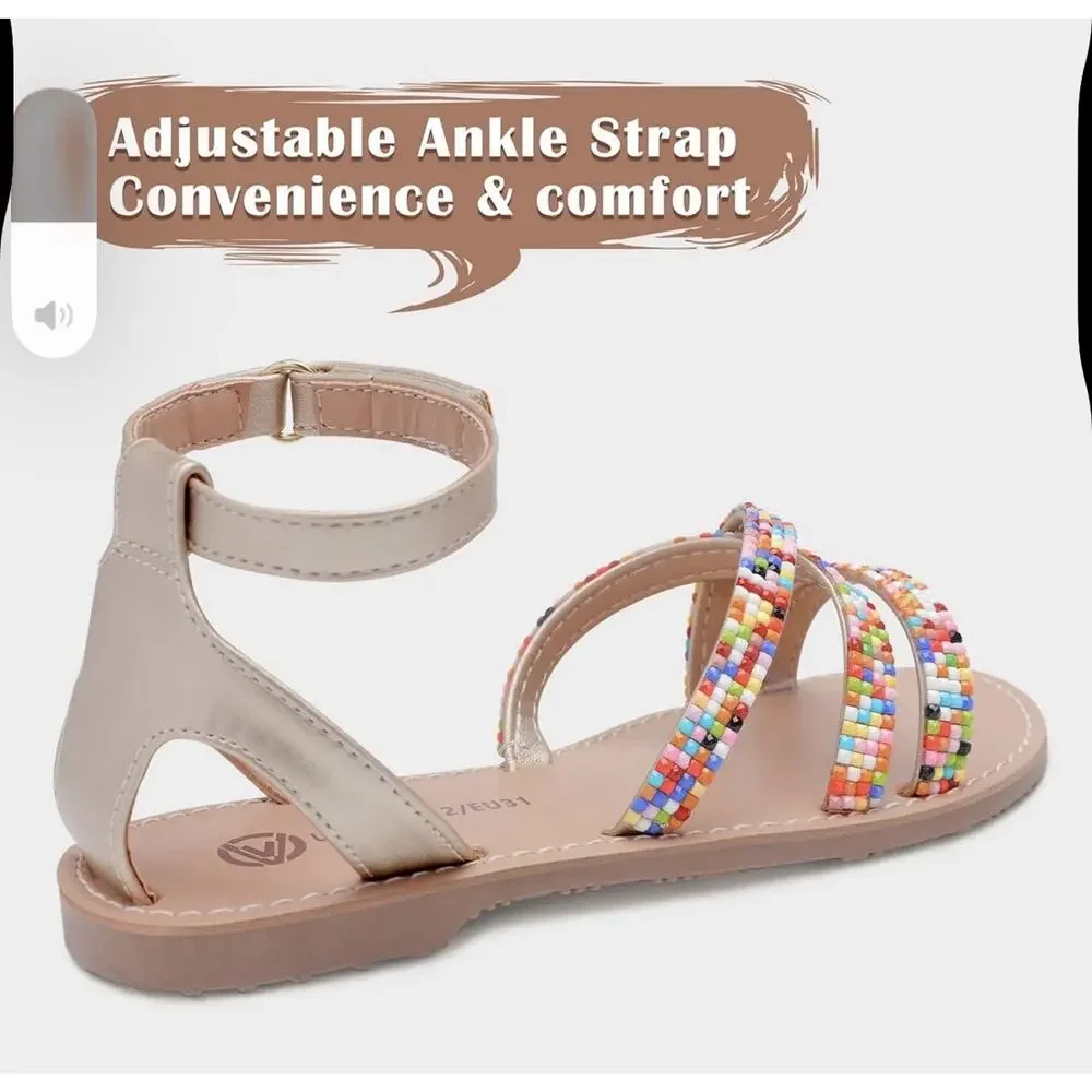Girls Ankle Strap Flat Beaded Gladiator Sandals Girls 1 New